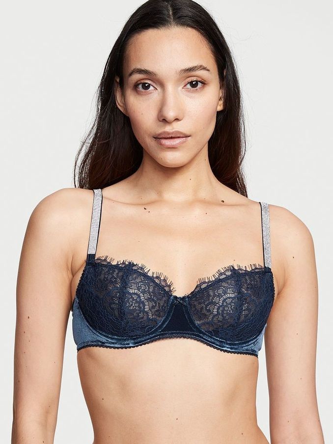 Blue Velvet Wing Lace Cup Shine Strap Balcony Bra (K08571) | £20