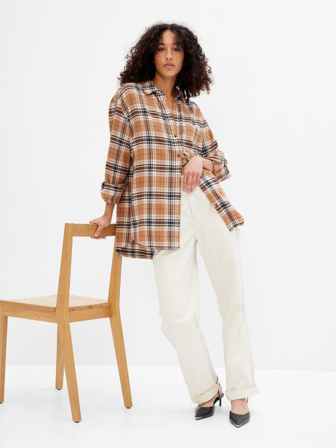 Camel Brown Long Sleeve Flannel Shirt (K14887) | £14