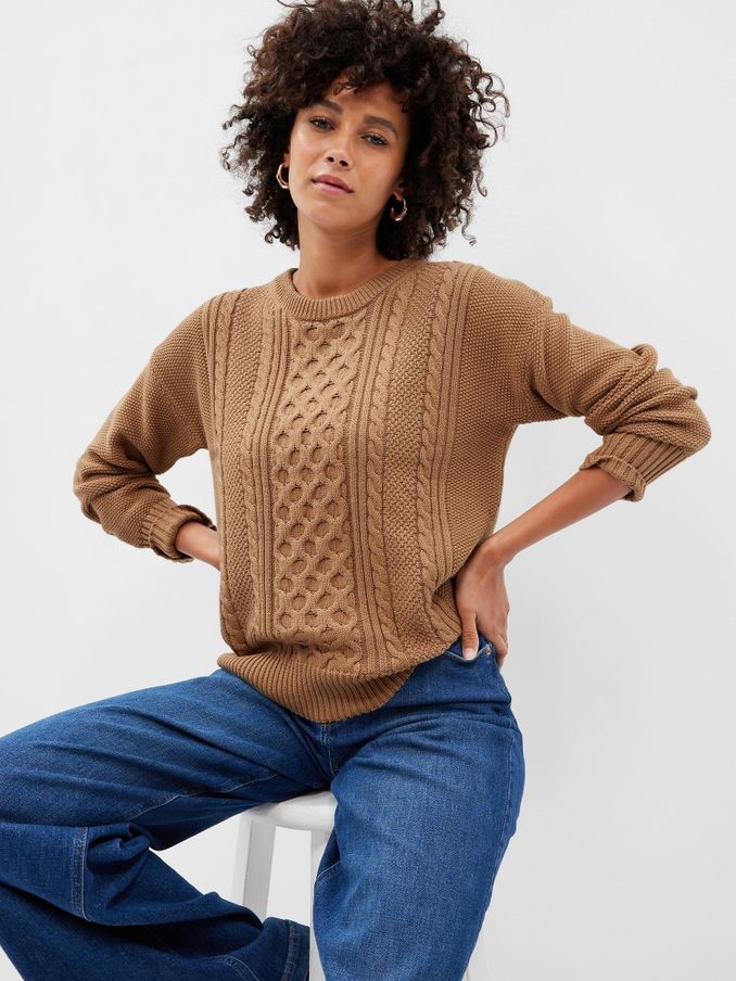 Brown Cable Knit Crew Neck Jumper (K16829) | £26
