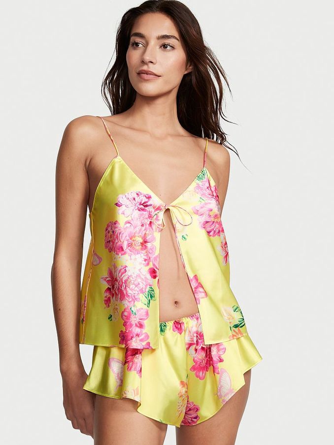 Citron Yellow Floral Satin Plunge Short Cami Set (K17526) | £29
