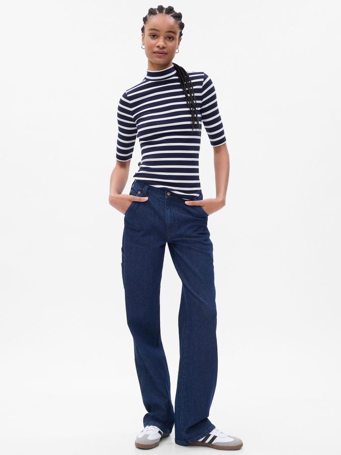 Navy/Blue Ribbed Stripe Short Sleeve Mock Neck T-Shirt (K21119) | £9