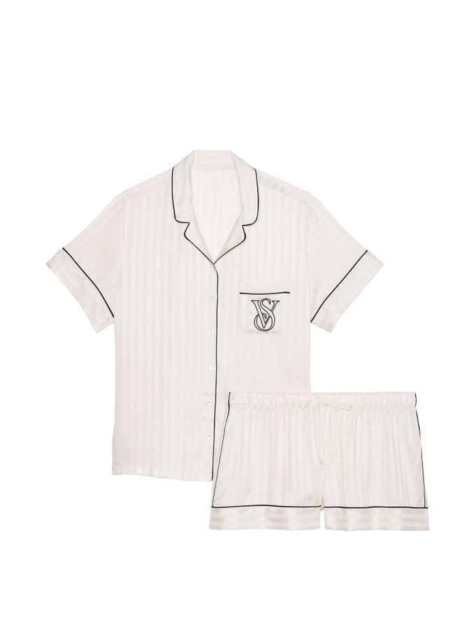 White Logo Stripe Satin Short Pyjama Set (K23464) | £65