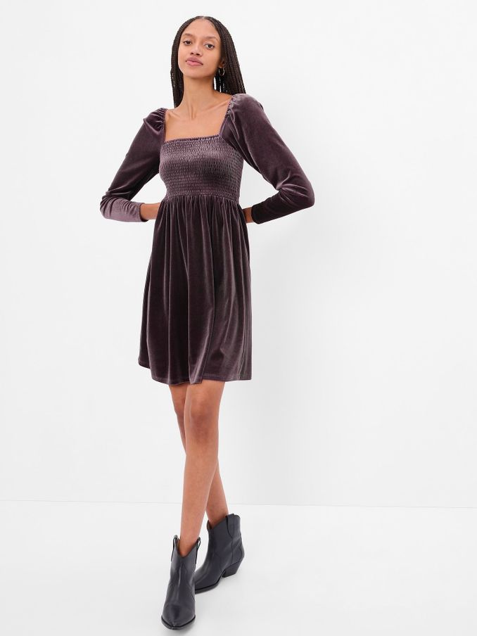 Brown Smocked Velvet Mini Dress (K27288) | £9