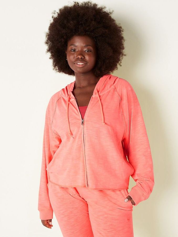 Coral Flash Cotton Slub Crop Cut Off Full Zip Hoodie (K27788) | £15