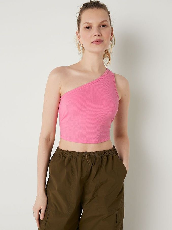 Dreamy Pink Shrunken One Shoulder Shelf Tank Top (K28532) | £6
