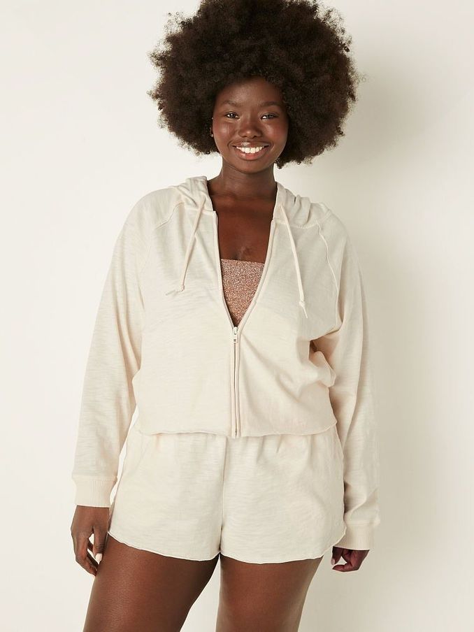 Cream Cotton Slub Crop Cut Off Full Zip Jacket (K28550) | £15
