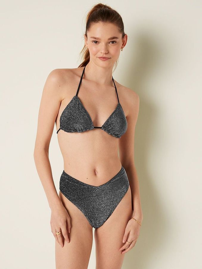 Pure Black Brazilian Shimmer High Waist Cheeky Bikini Bottom (K28568) | £20