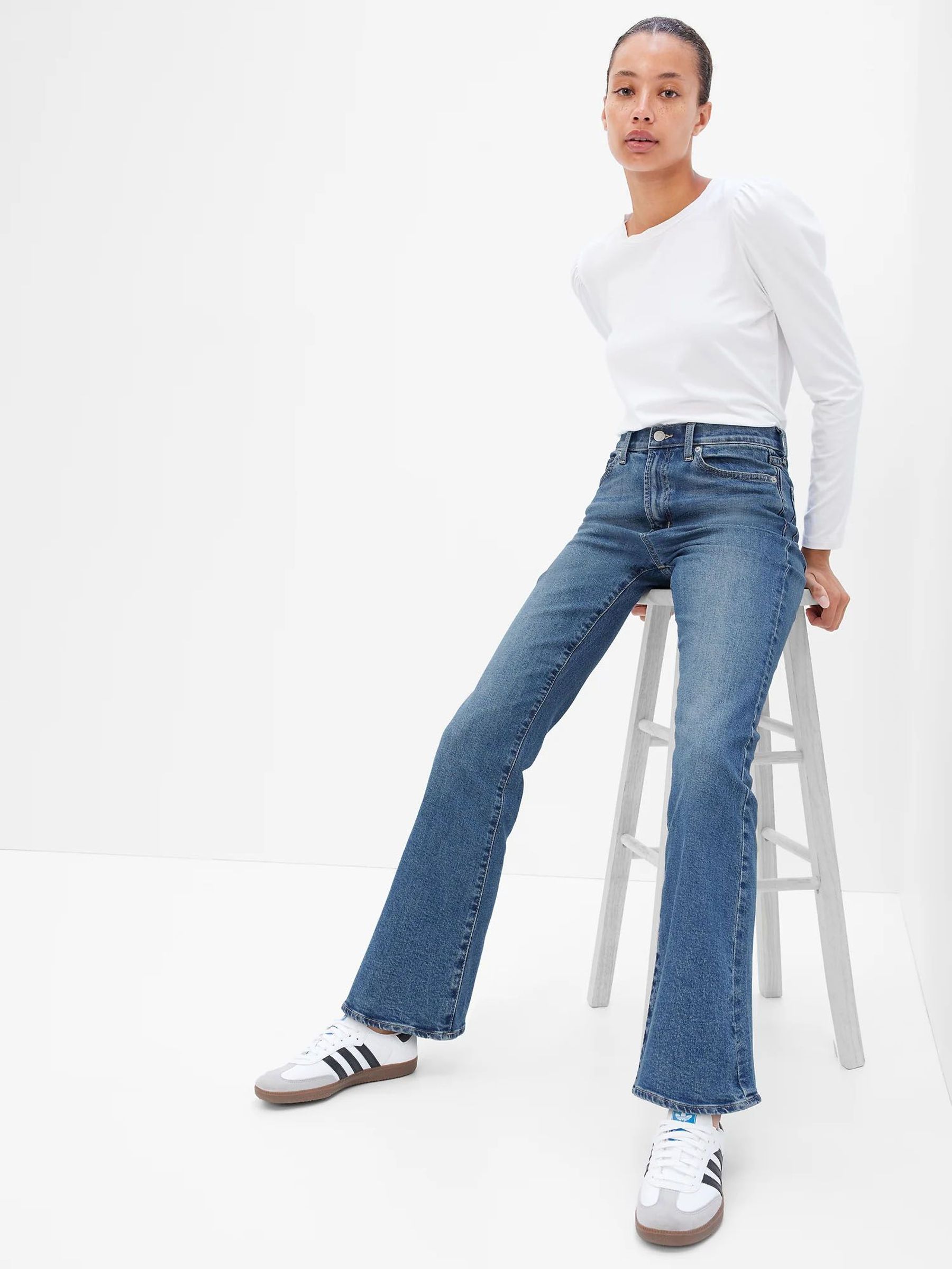 Mid Blue High Waisted Stretch 70s Flare Jeans (K31834) | £30