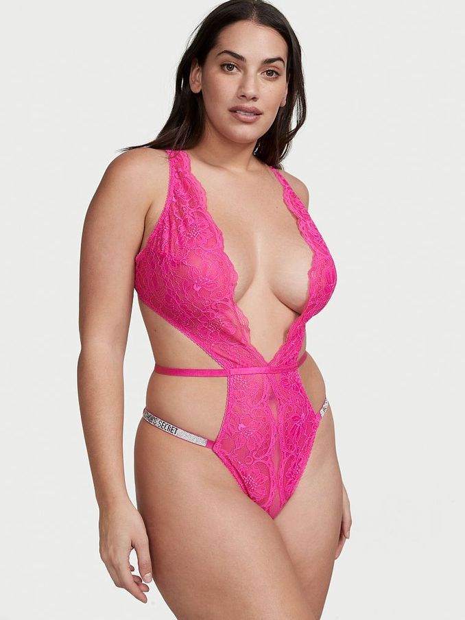 Fuschia Frenzy Pink Shine Strap Lace Crotchless Bodysuit (K34851) | £34