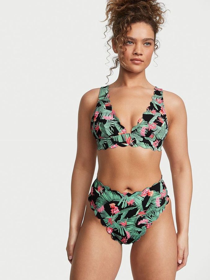 Green Tropical Palm Halter Scallop Plunge Bikini Top (K35153) | £19