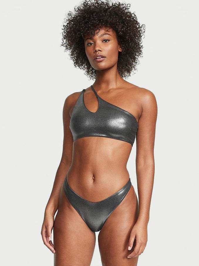Silver Foil Rib Cut Out One Shoulder Swim Bikini Top (K37940) | £21