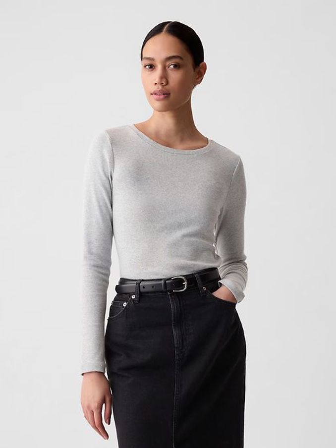 Grey Long Sleeve Modern Cotton-Modal Crew Neck T-Shirt (K41201) | £25