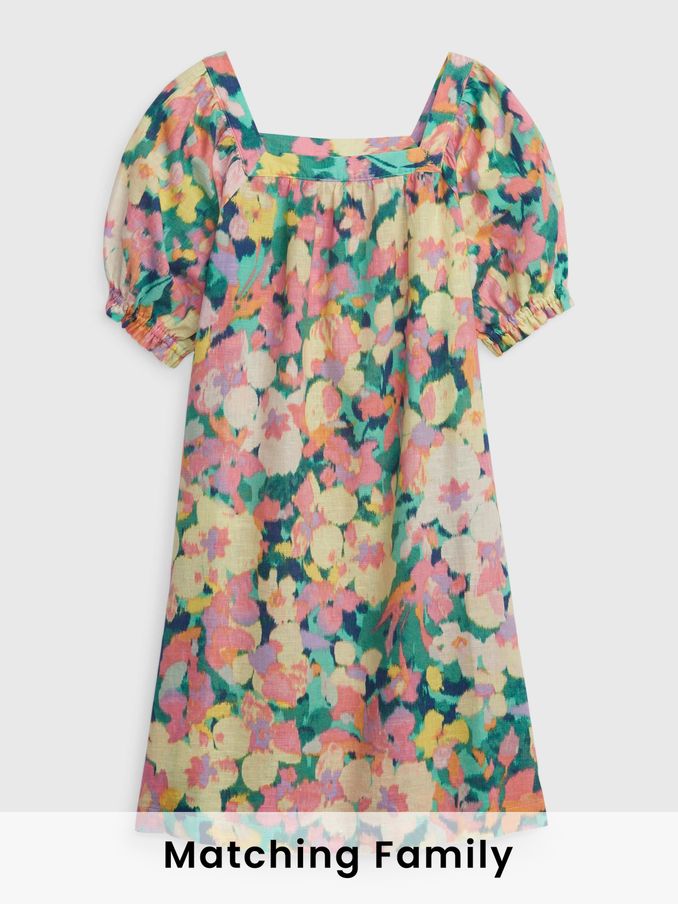 Pink Linen Cotton Puff Sleeve Square Neck Dress (K42148) | £15