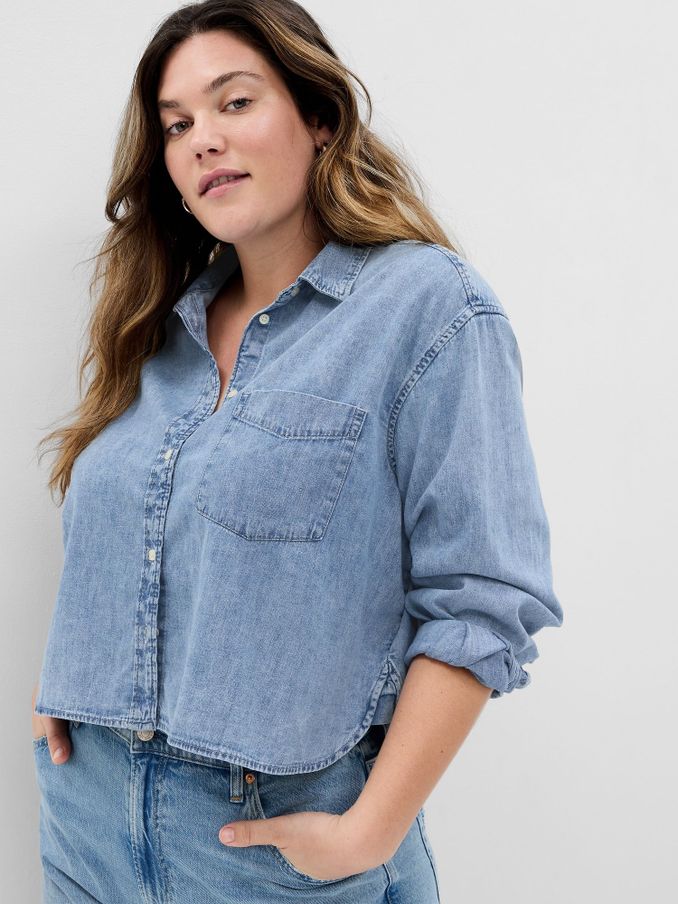 Blue Cropped Denim Long Sleeve Shirt (K42227) | £20