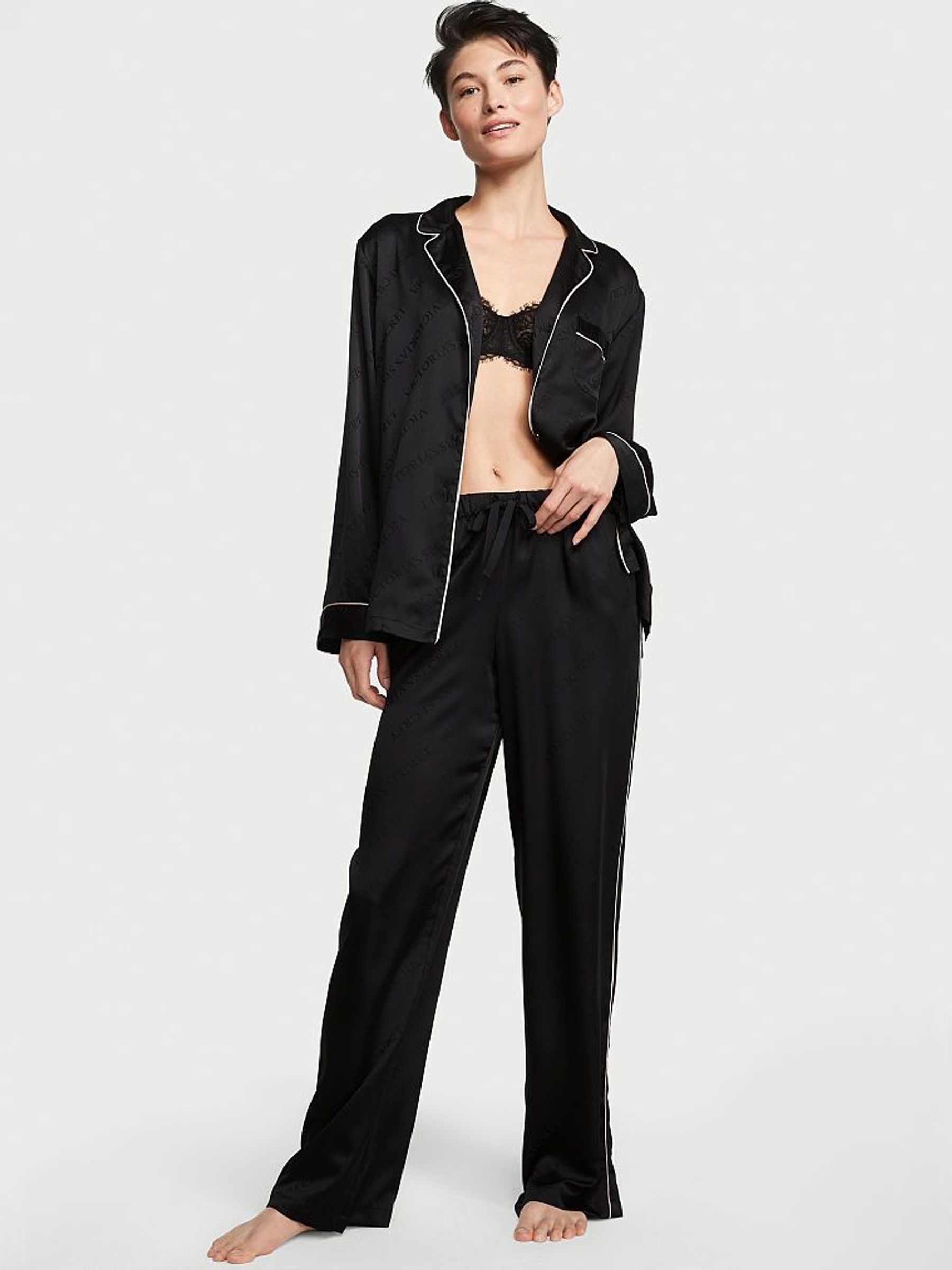 Black Logo Satin Long Pyjama Set (K43388) | £69