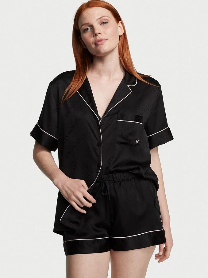 Black Diagonal Stripe Satin Short Pyjama Set (K43396) | £65