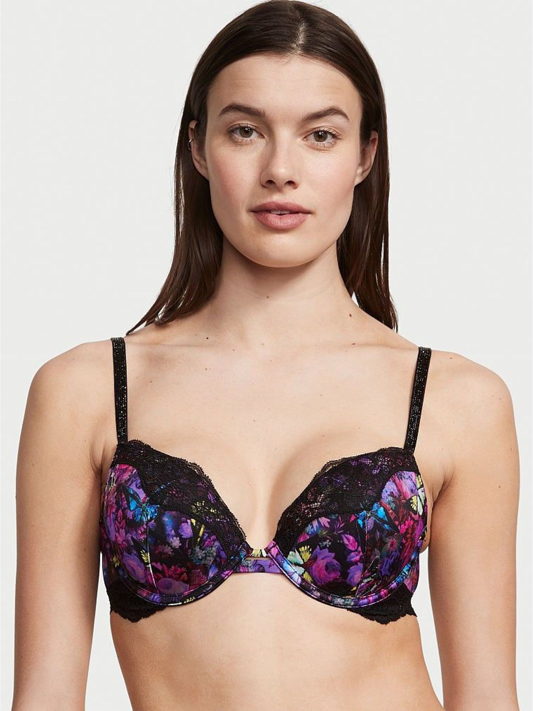 Moody Floral Black Lace Shine Strap Push Up Bra (K43433) | £29