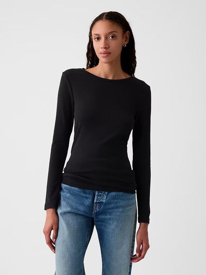 Black Long Sleeve Modern Cotton-Modal Crew Neck T-Shirt (K43869) | £25