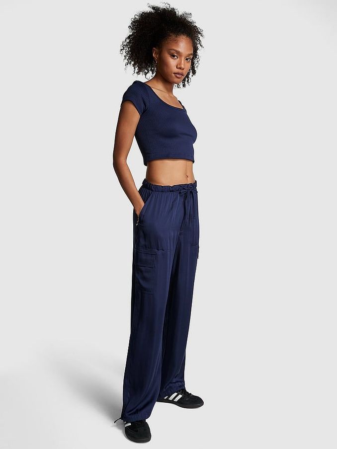 Midnight Navy Blue Satin Parachute Trousers (K49836) | £25