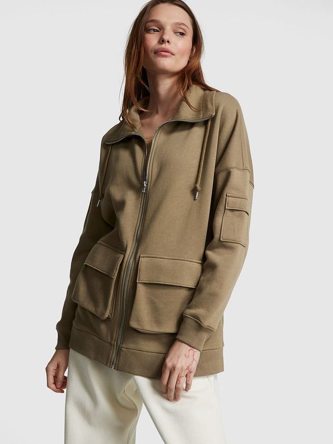 Dusted Olive Green Oversized Cargo Pocket Full Zip Jacket (K49854) | £20