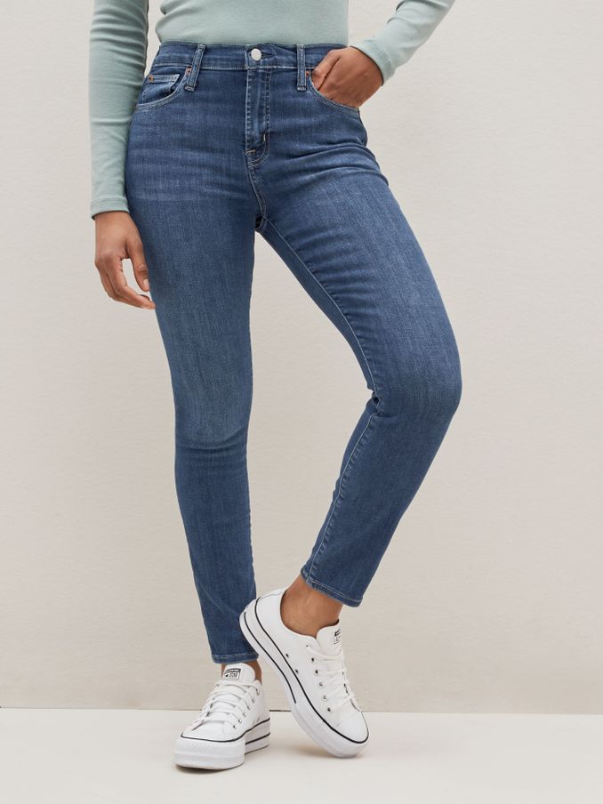 Mid Indigo Blue High Waisted Stretch Skinny Jeans (K51059) | £45