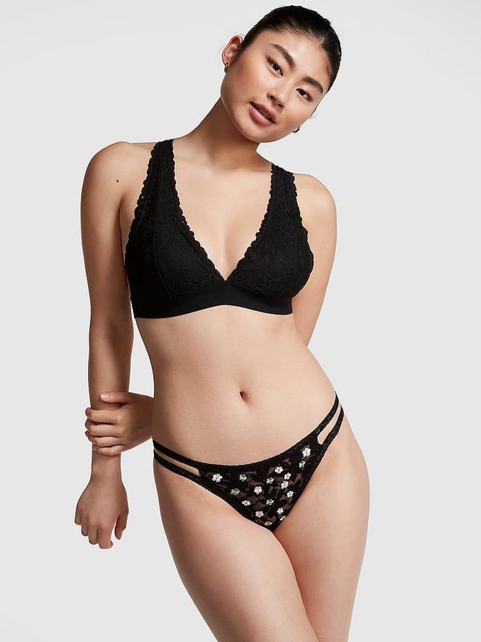Pure Black Embroidery Strappy Lace Thong Knickers (K52485) | £4
