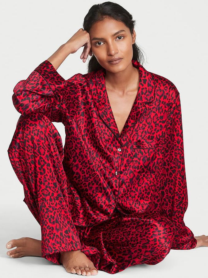 Lipstick Red Leopard Satin Long Pyjamas (K55523) | £34