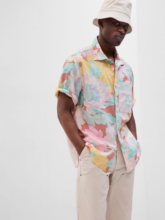 Pink/Yellow/Blue Linen-Cotton Floral Short Sleeve Shirt (K60928) | £18