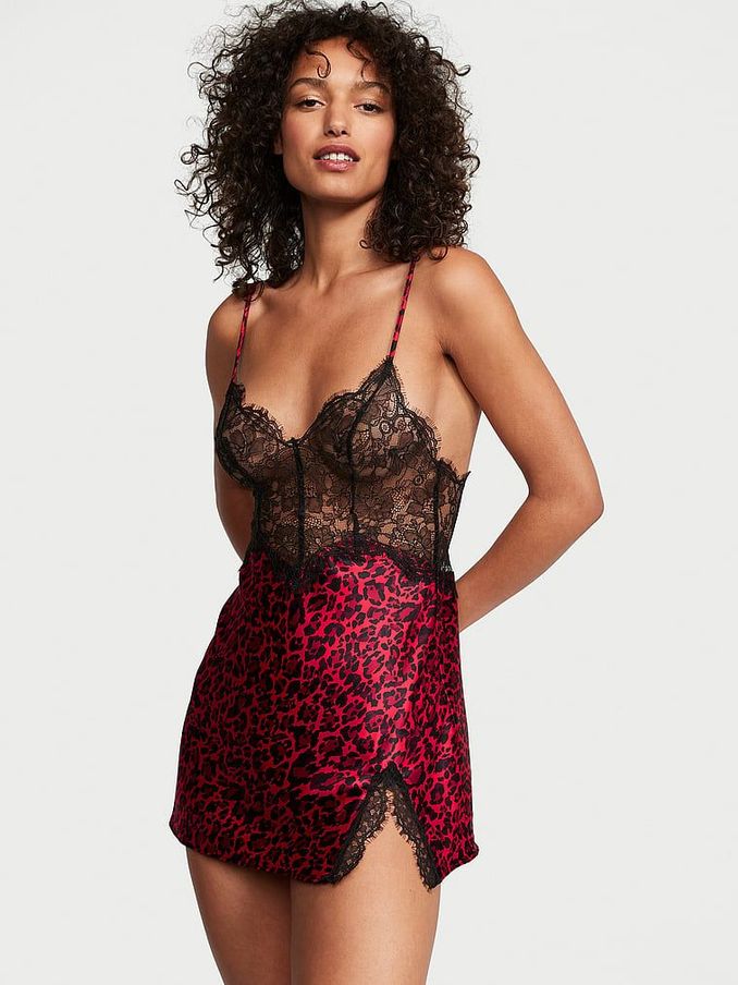 Red Leopard Satin Lace Slip Dress (K64177) | £29