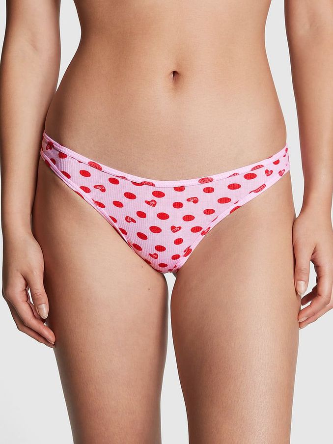 Pink Bubble Heart Print Rib Cotton Thong Knickers (K66171) | £4