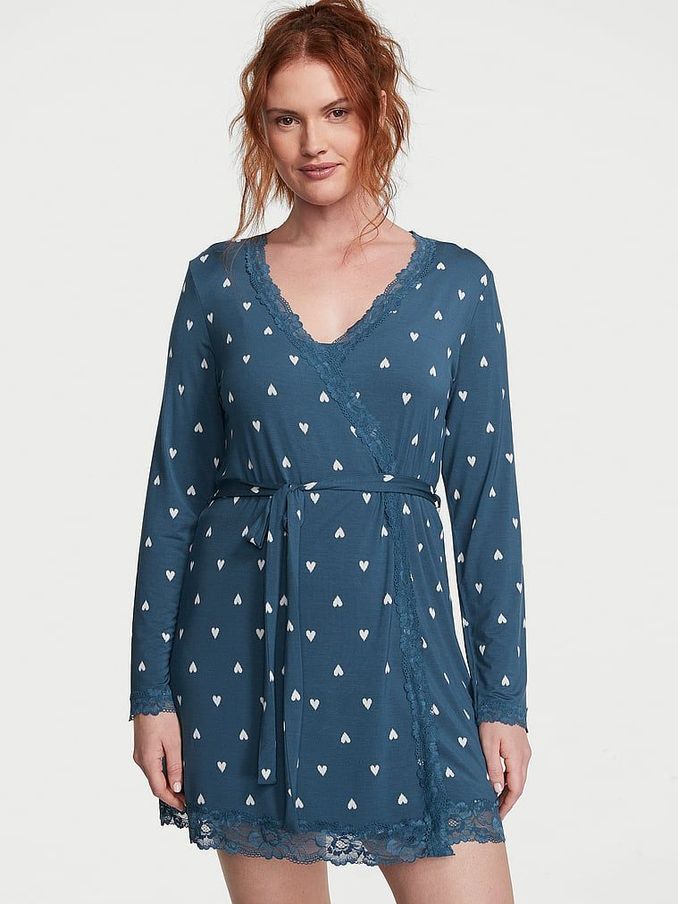 Midnight Sea Navy Blue Heart Modal Lace Trim Robe (K68512) | £24