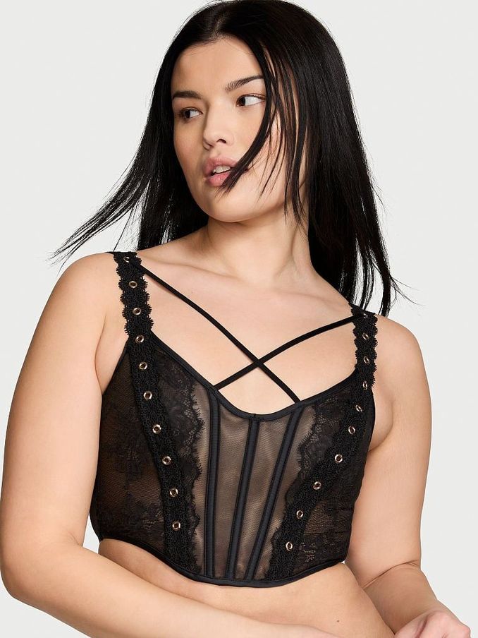 Black Lace Unlined Demi Eyelet Corset Bra Top (K70246) | £26