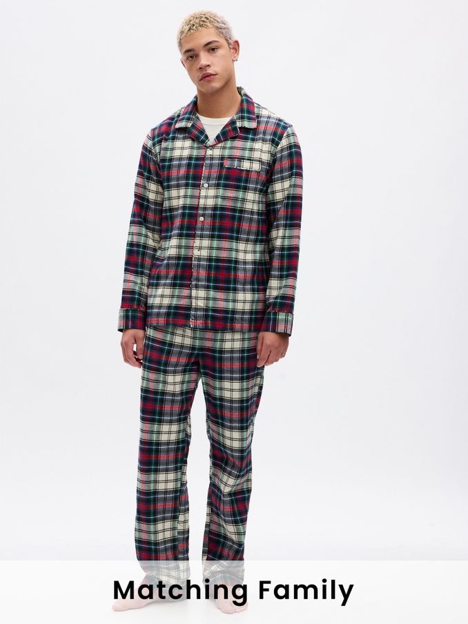 Green, Red & White Flannel Check Family Christmas Long Sleeve Pyjama Shirt & Bottoms (K70501) | £18
