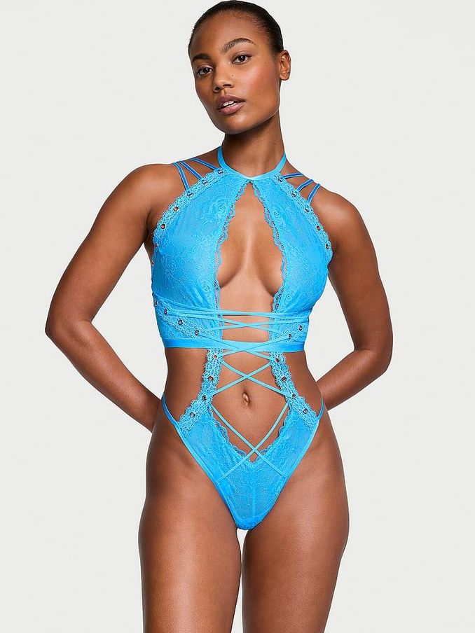 Capri Blue High Neck Eyelet Bodysuit (K70634) | £42