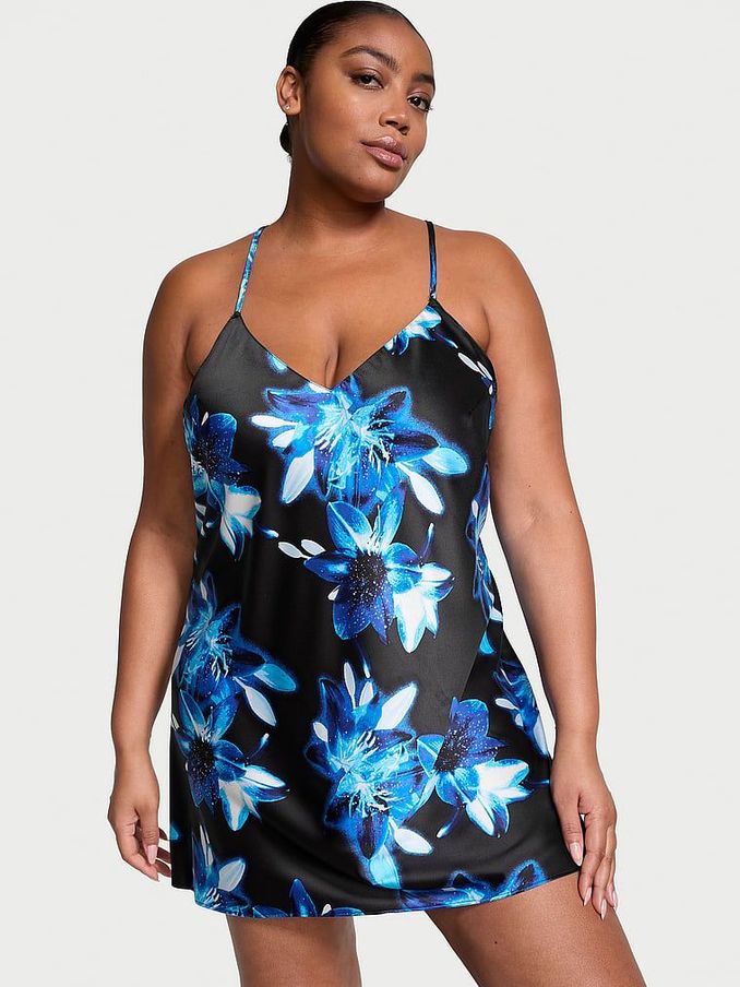 Dramatic Floral Black Satin Open Back Slip (K70635) | £29