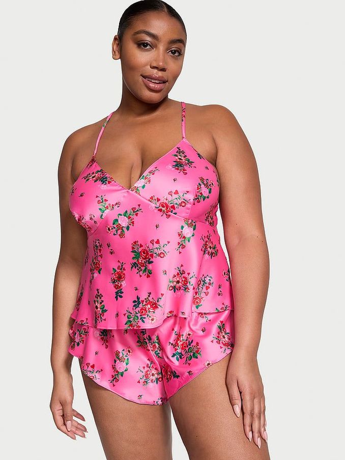 Lovely Bouquet Pink Satin Open Back Cami Set (K70637) | £29