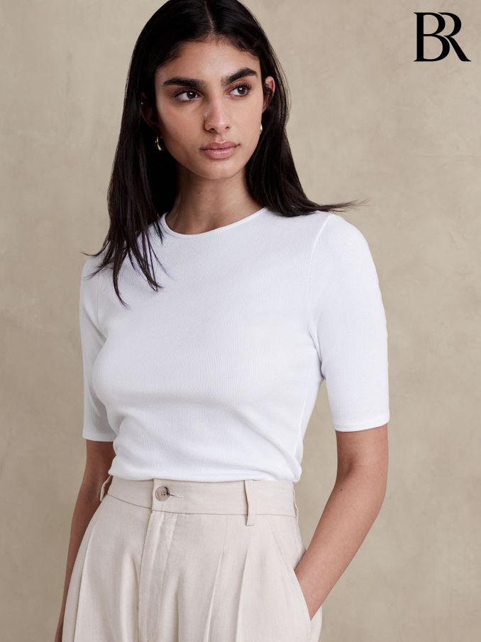 Banana Republic White Ribbed Half-Sleeve T-Shirt (K70685) | £30