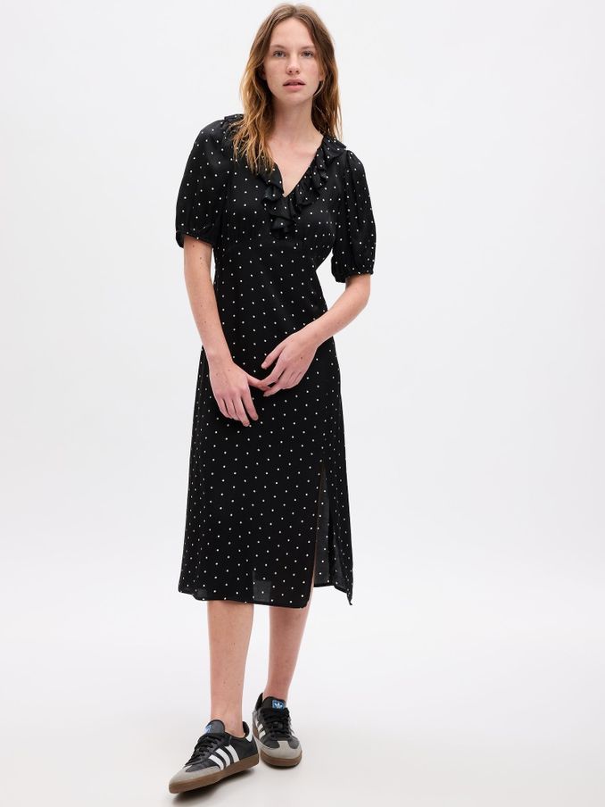 Black Puff Mid Sleeve Ruffle Midi Dress (K70800) | £27
