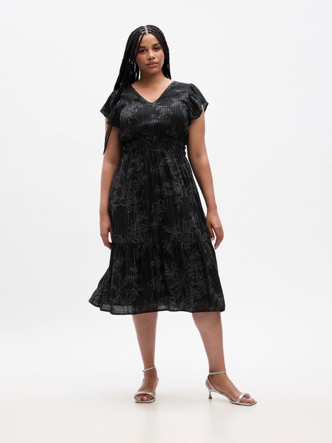 Black Smocked Print Flutter Sleeve Midi Dress (K71085) | £11