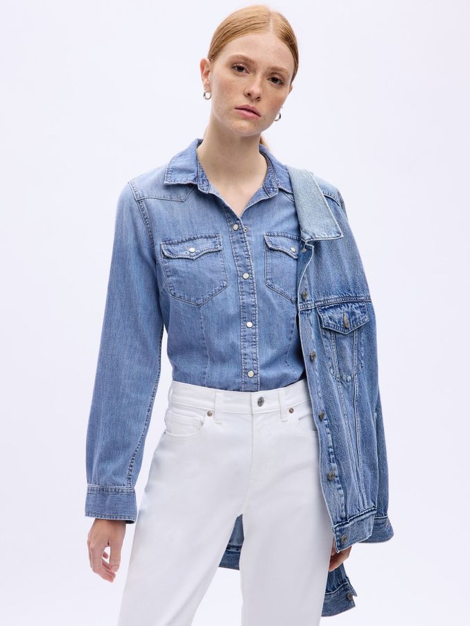 Medium Wash Blue Slim Fit Denim Western Shirt (K71163) | £22