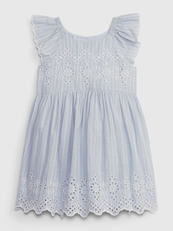 Blue Cotton Eyelet Flutter Sleeve Baby Dress (Newborn-5yrs) (K71323) | £17