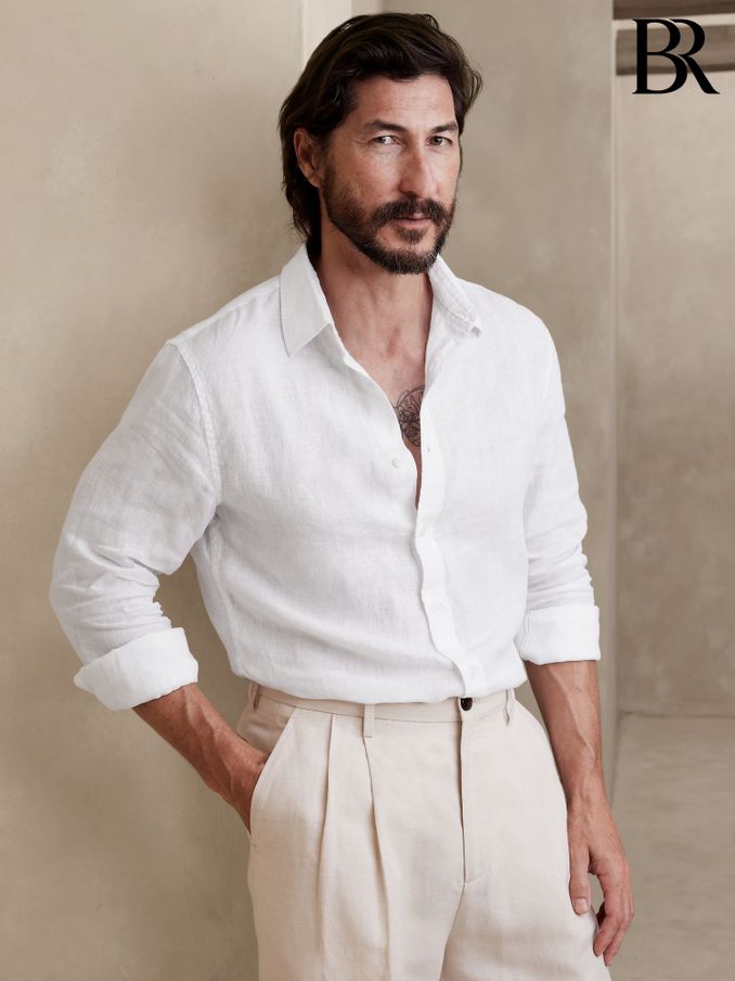 Banana Republic White 100% Linen Castelletto Long Sleeve Shirt (K72191) | £70