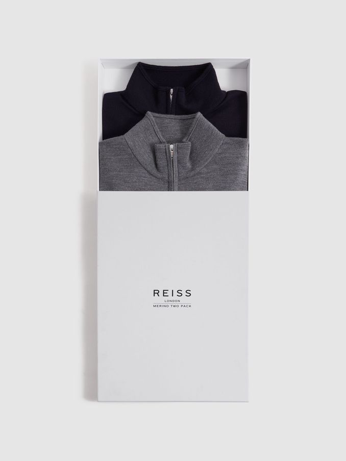 2 Pack Of Merino Wool Zip-Neck Jumpers in Navy/Derby Grey Marl (K74316) | £98