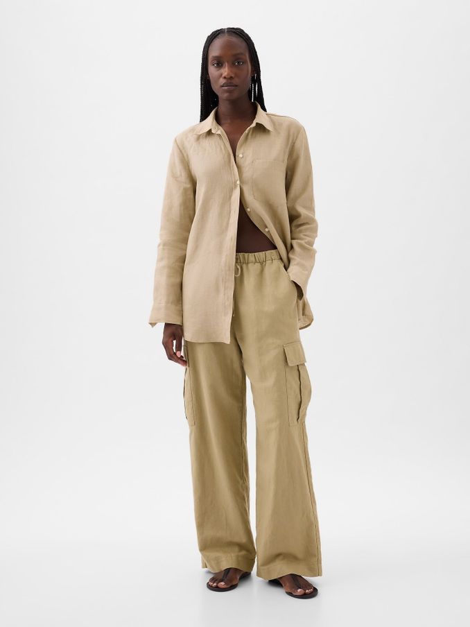 Brown 100% Linen Long Sleeve Oversized Shirt (K75019) | £60
