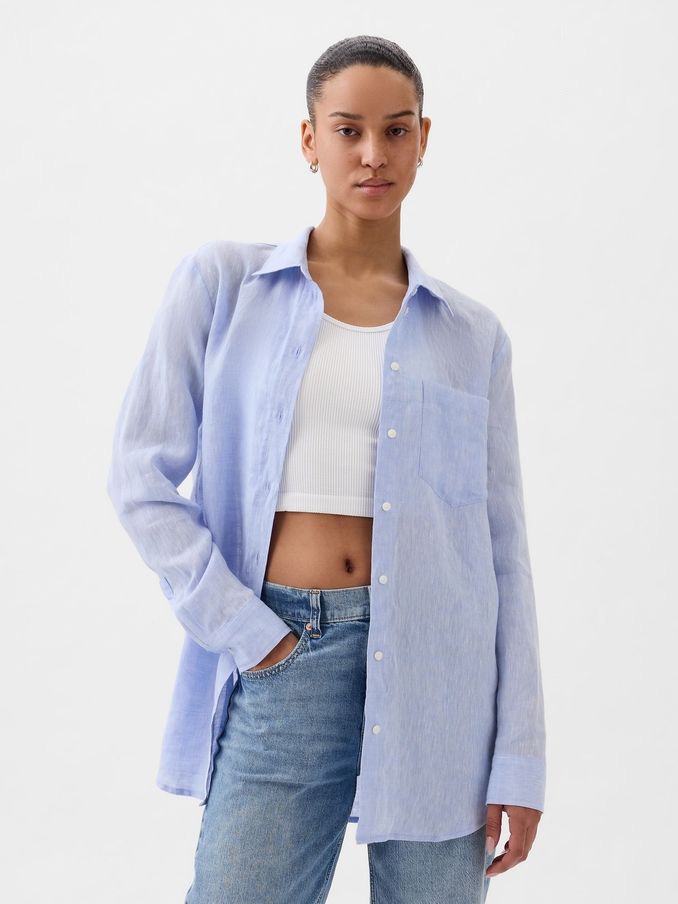 Blue 100% Linen Long Sleeve Oversized Shirt (K75038) | £60