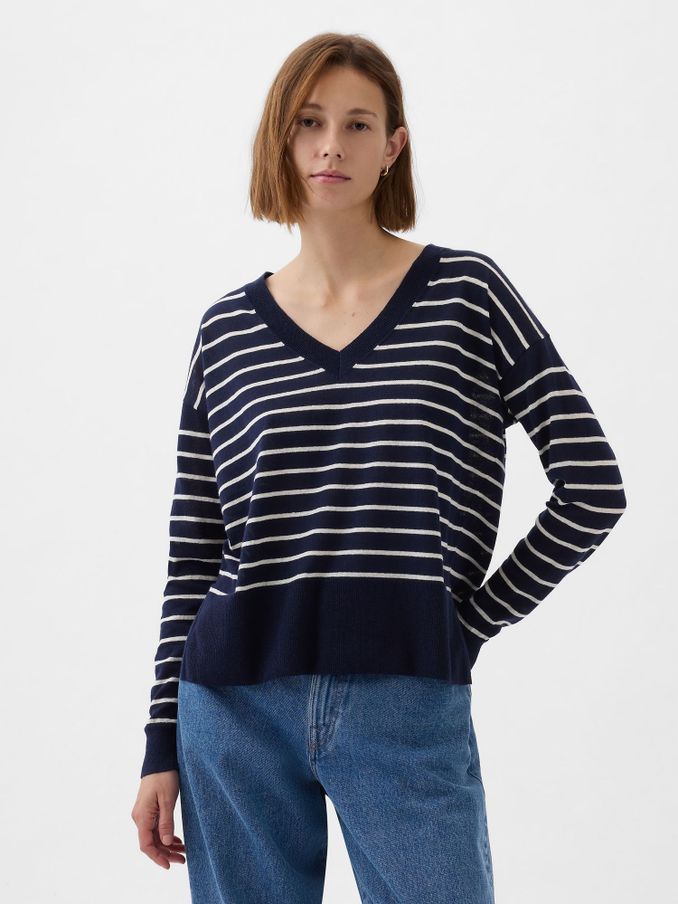 Navy/Blue Linen Blend V Neck Split Hem Jumper (K75039) | £15