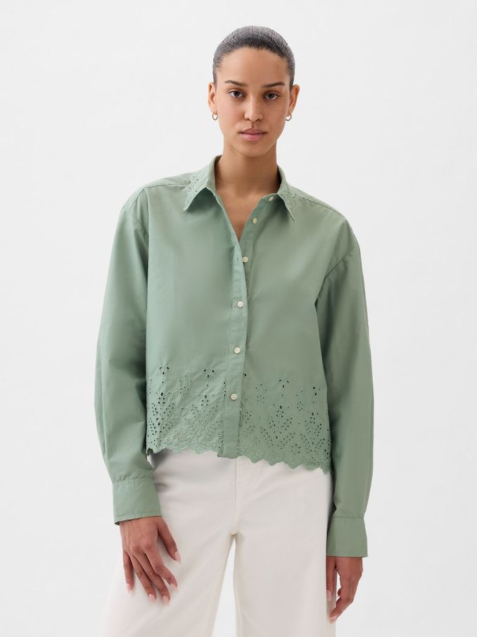Green Scalloped Hem Eyelet Cropped Shirt (K75041) | £18
