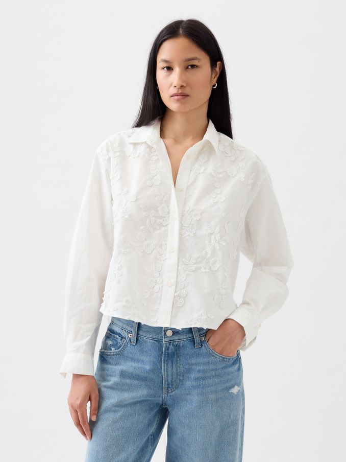 White Floral Embroidered Cropped Shirt (K75045) | £22