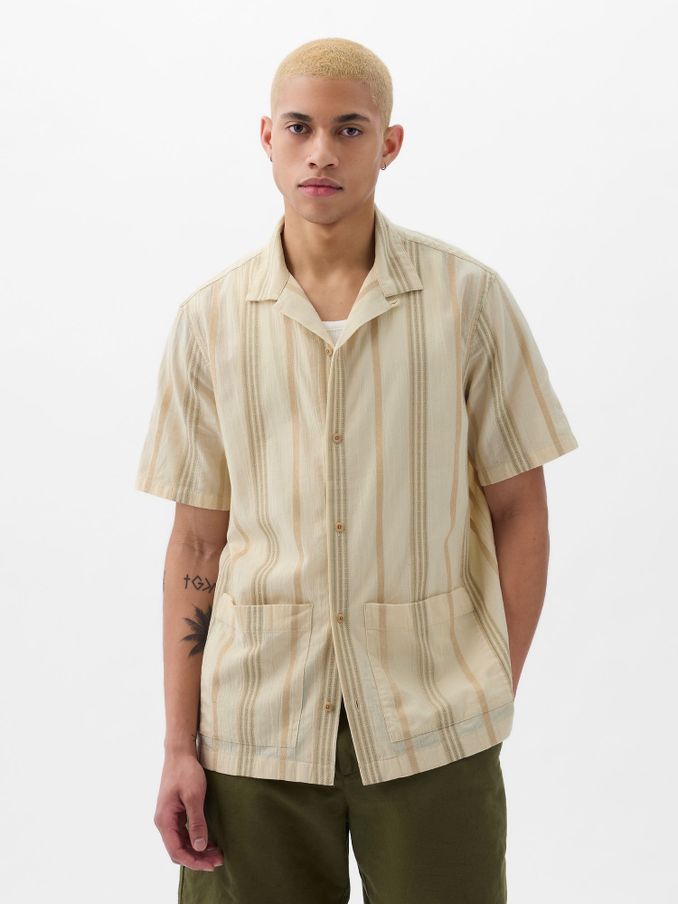 Beige Linen-Cotton Resort Short Sleeve Shirt (K75232) | £15