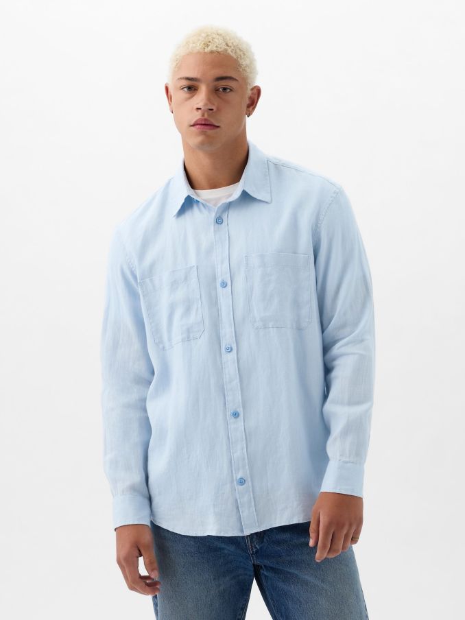 Blue Linen Blend Long Sleeve Shirt (K75253) | £33